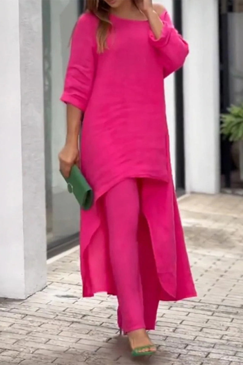 Magdalena | Casual solid color asymmetrical long sleeve O-neck two piece suit