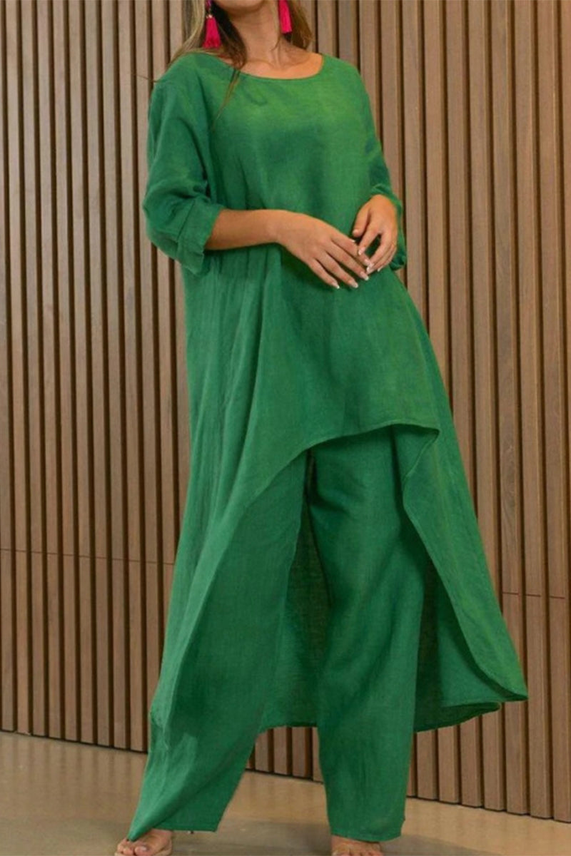 Magdalena | Casual solid color asymmetrical long sleeve O-neck two piece suit