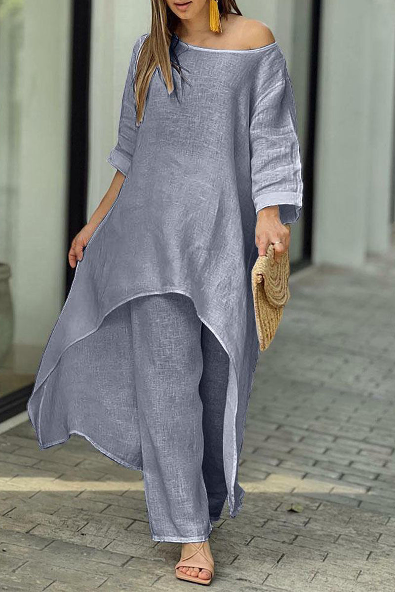Magdalena | Casual solid color asymmetrical long sleeve O-neck two piece suit