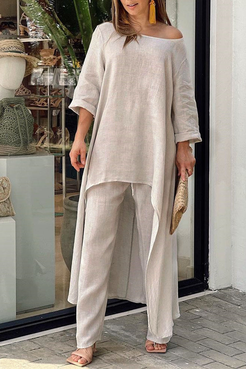 Magdalena | Casual solid color asymmetrical long sleeve O-neck two piece suit