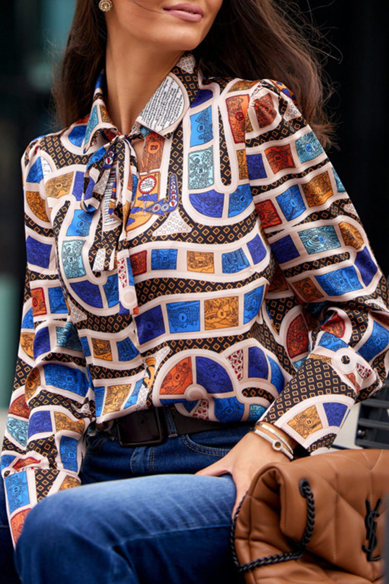 Tatiana | Elegant printed patchwork shirt collar tops