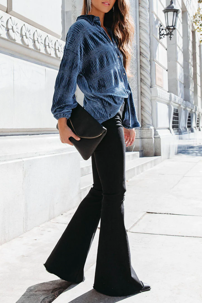 Ema | Casual, solid patchwork tops with a turn-down collar