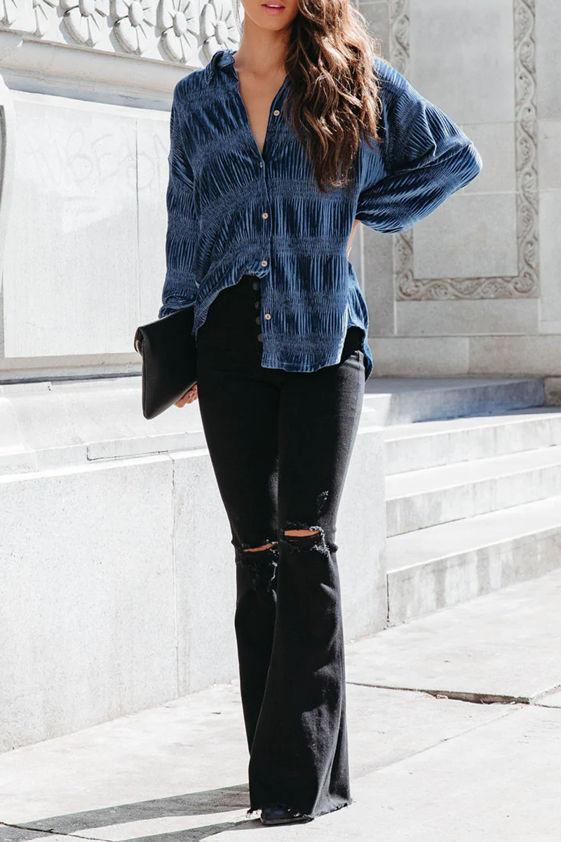Ema | Casual, solid patchwork tops with a turn-down collar