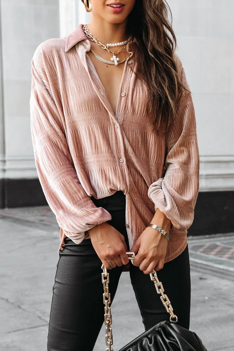 Ema | Casual, solid patchwork tops with a turn-down collar