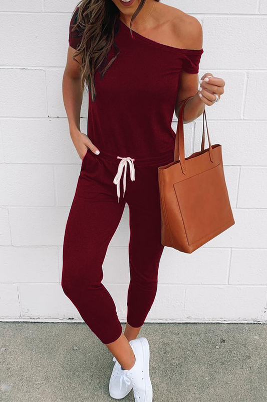 Flavia | Casual Solid Color Drawstring One Shoulder Skinny Jumpsuits