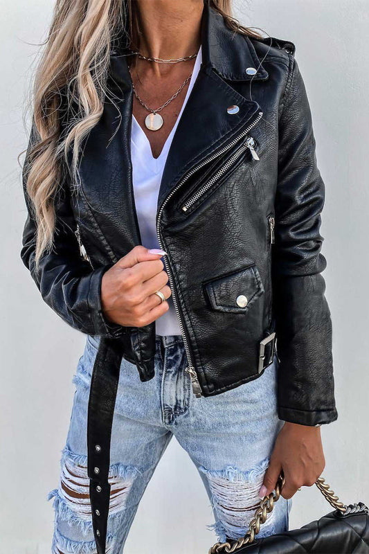 Hortensia | Street solid outerwear with zip fastening and turn-down collar