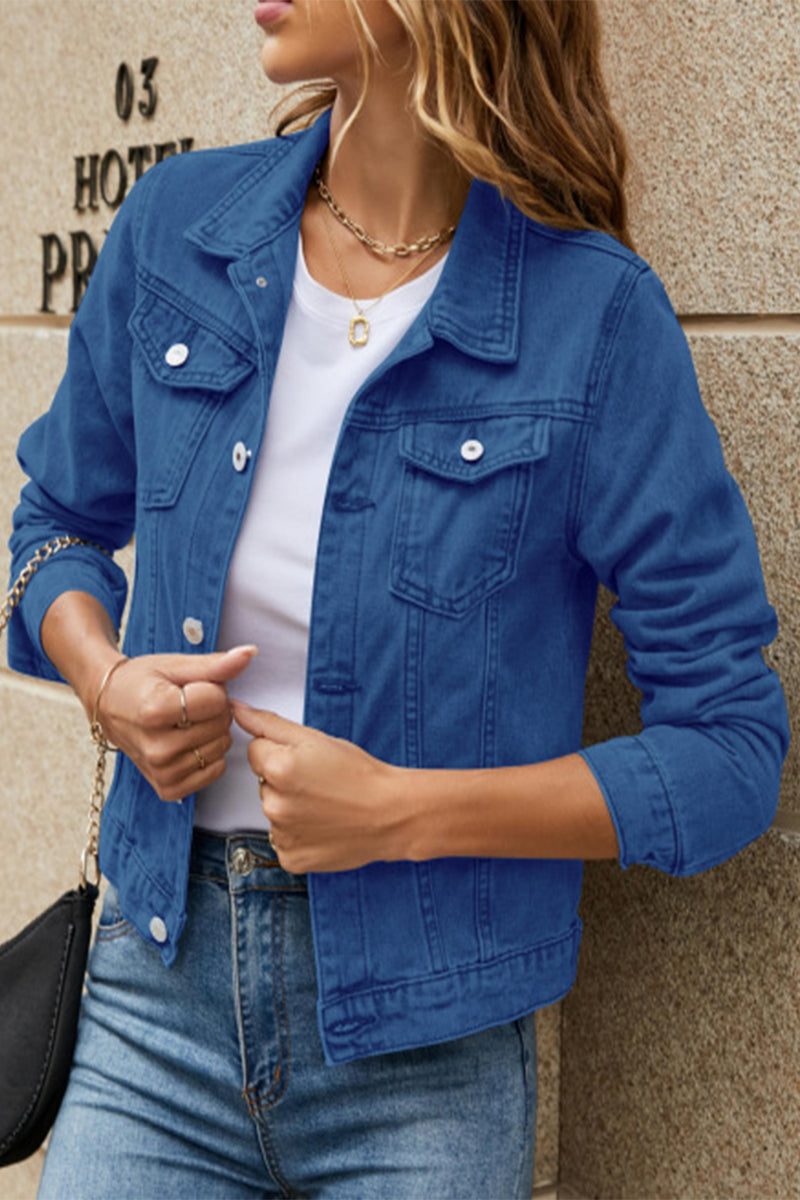 Jesica | Street-chic, solid color, long-sleeved denim jacket with turn-down collar and regular pocket