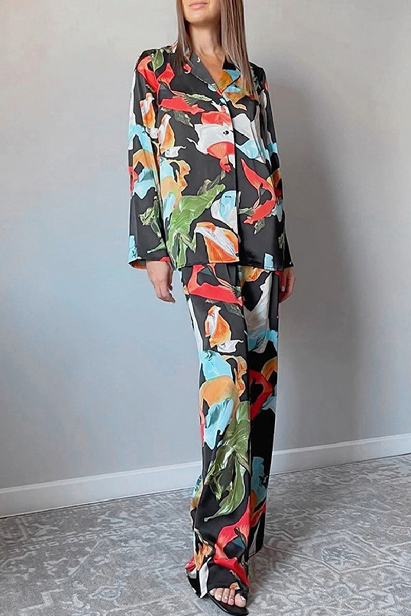 Leticia | Casual Living Geometric Patchwork Turn-Down Collar Long Sleeve Two Piece Set
