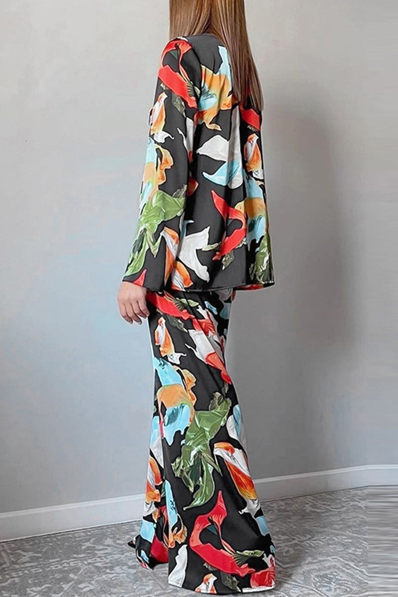 Leticia | Casual Living Geometric Patchwork Turn-Down Collar Long Sleeve Two Piece Set