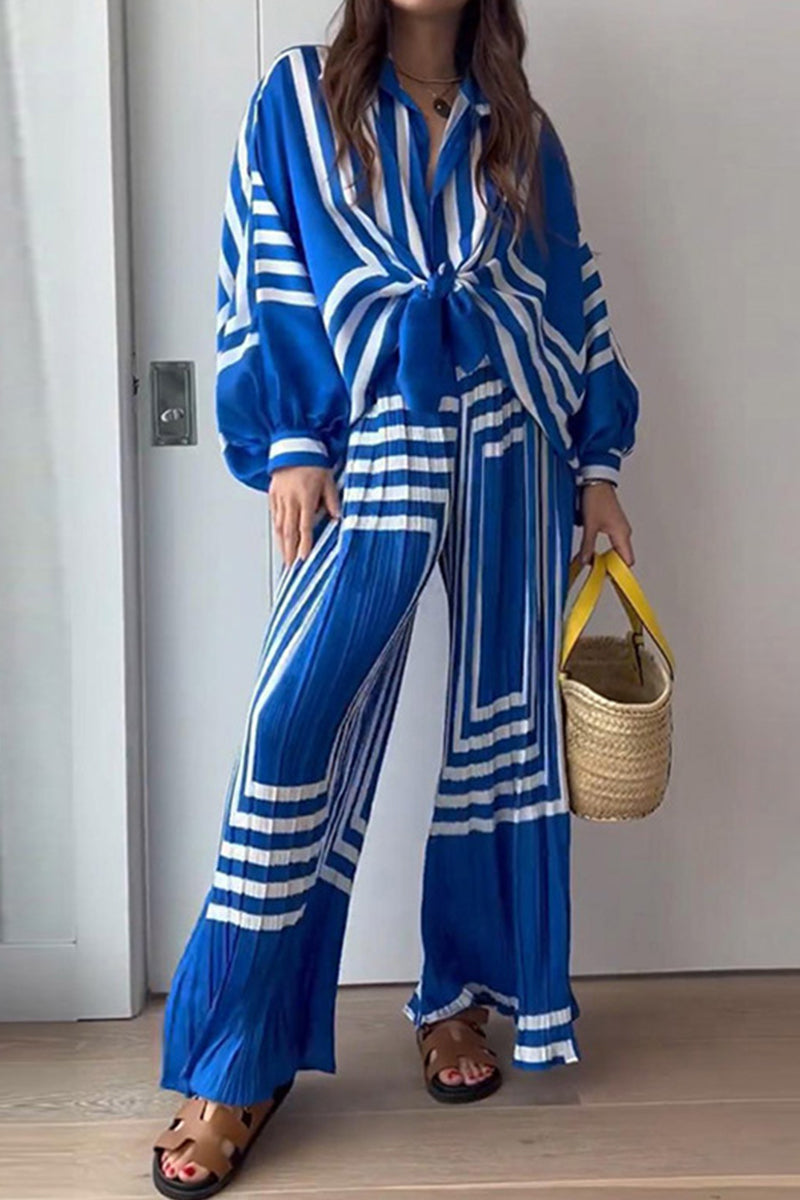 Manuela | Casual striped patchwork two-piece suit with V-neck and long sleeves