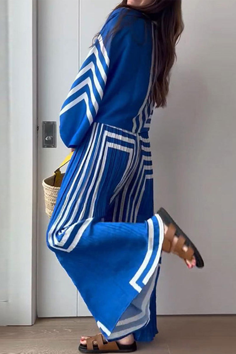 Manuela | Casual striped patchwork two-piece suit with V-neck and long sleeves