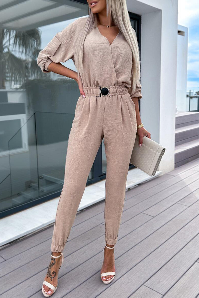 Maria Fernanda | Cute simple regular jumpsuits with fixed pocket and belt and V-neck