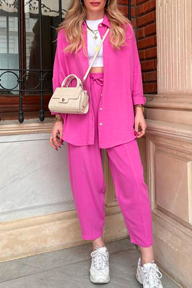 Lena® | Casual Button-Down Turn-Down Collar Long-Sleeved Shirt And Trousers Set