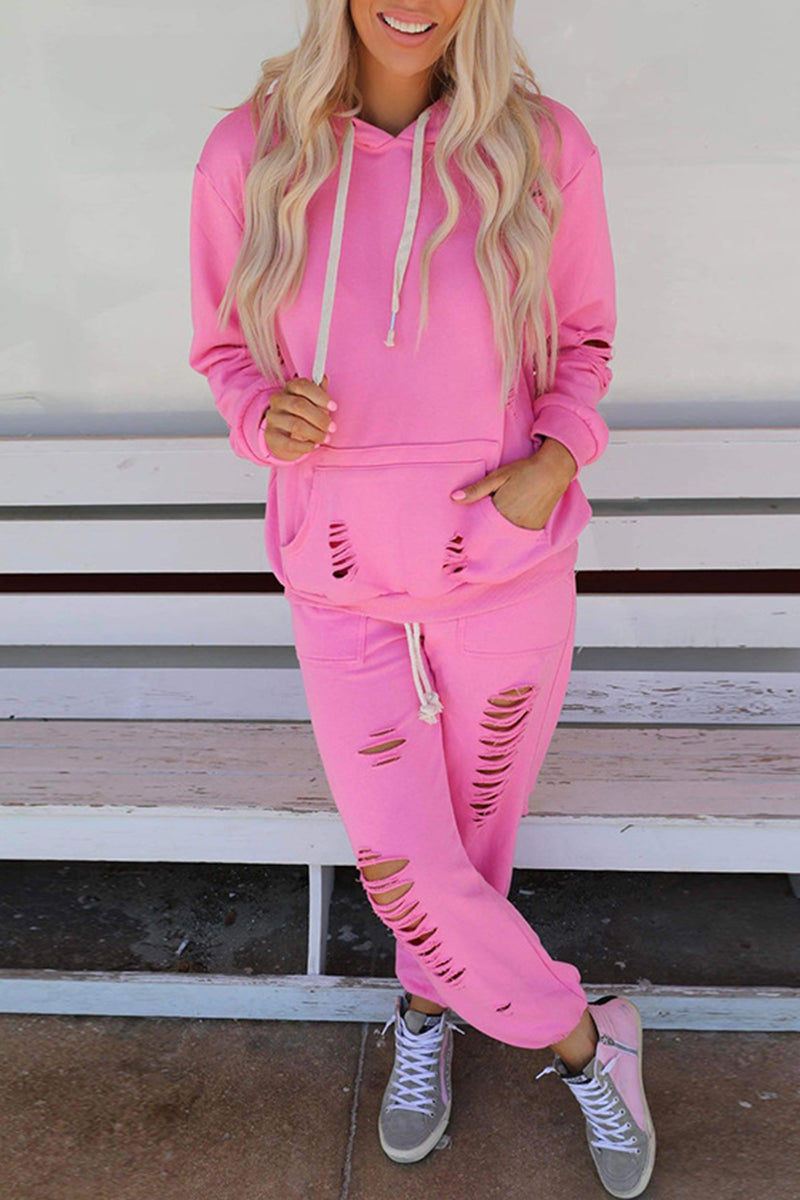 Norma | Casual solid ripped pocket, hooded collar, long sleeves, two-piece