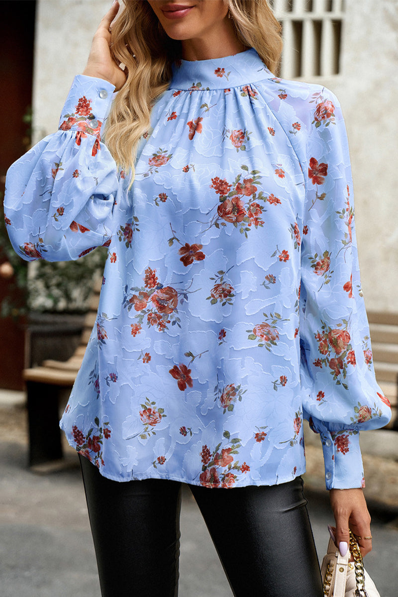 Brina® | Elegant Floral High Neck Long Sleeve Blouse