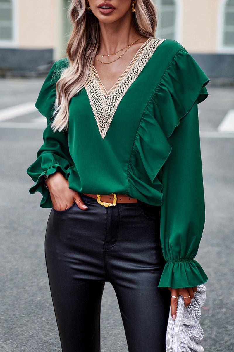 Gia® | Elegant Loose V-Neck Long Sleeve Ruffle Blouse