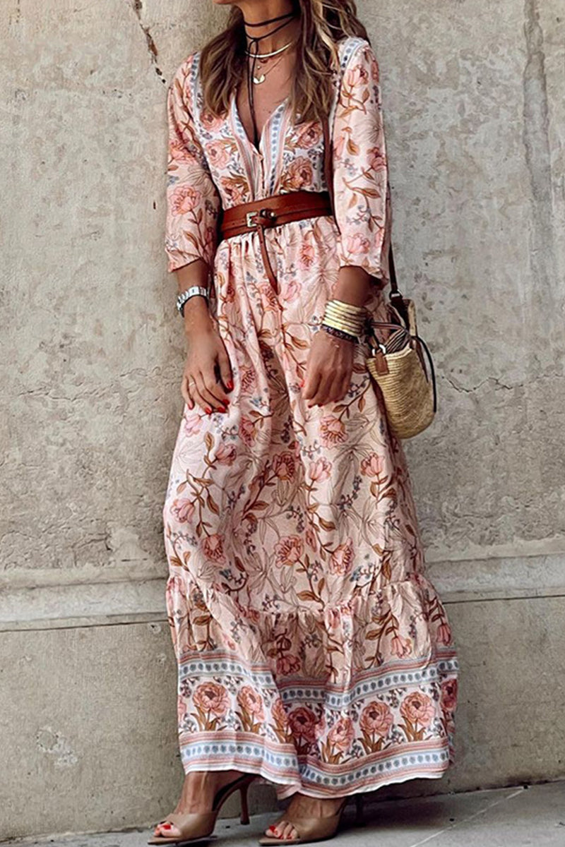 Rocio | Bohemian floral belted V-neck A-line dress