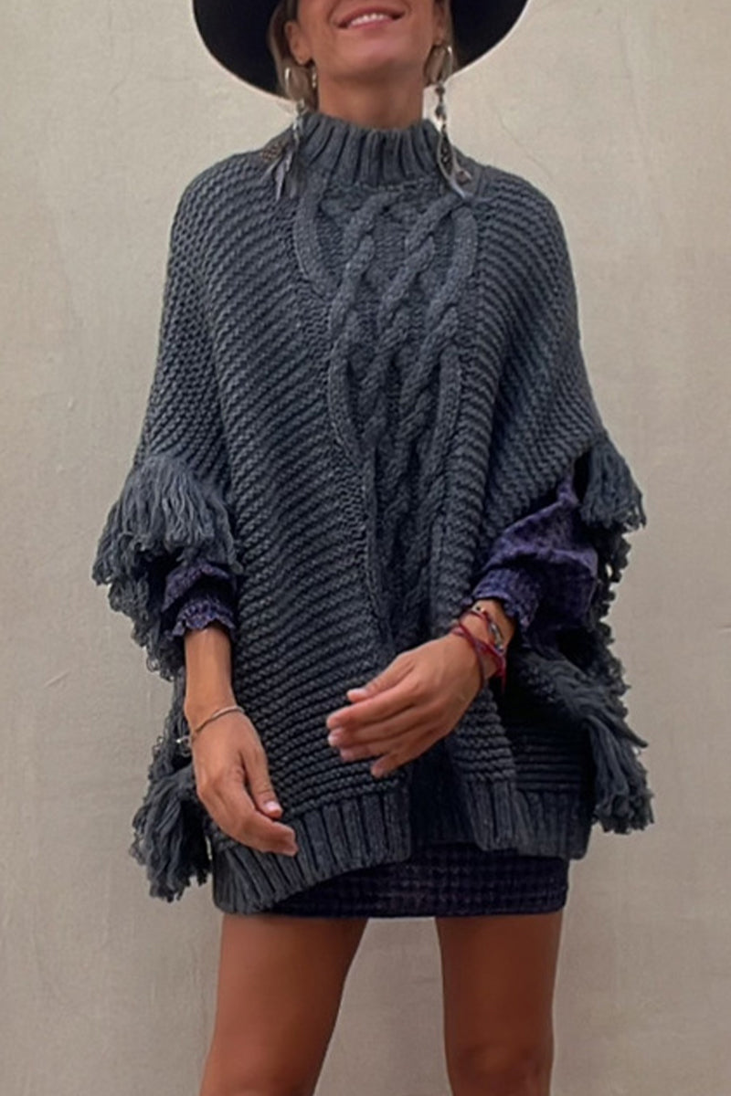 Verónica | Casual outerwear with solid color tassel patchwork and O-neck