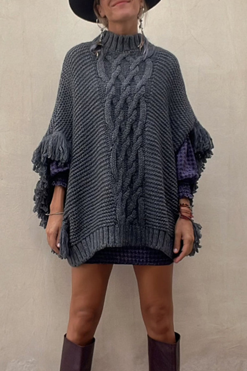 Verónica | Casual outerwear with solid color tassel patchwork and O-neck