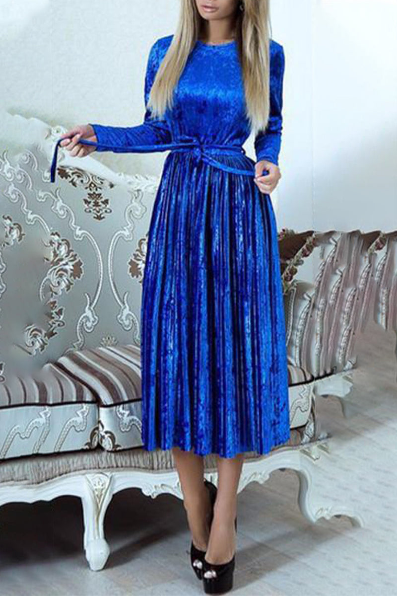 Adela | Solid color pleated dresses with frenulum O-neck