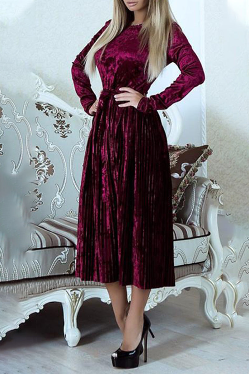 Adela | Solid color pleated dresses with frenulum O-neck