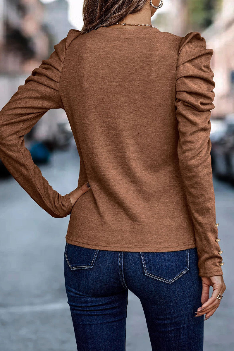 Alba | Casual solid color O-neck pleated tops