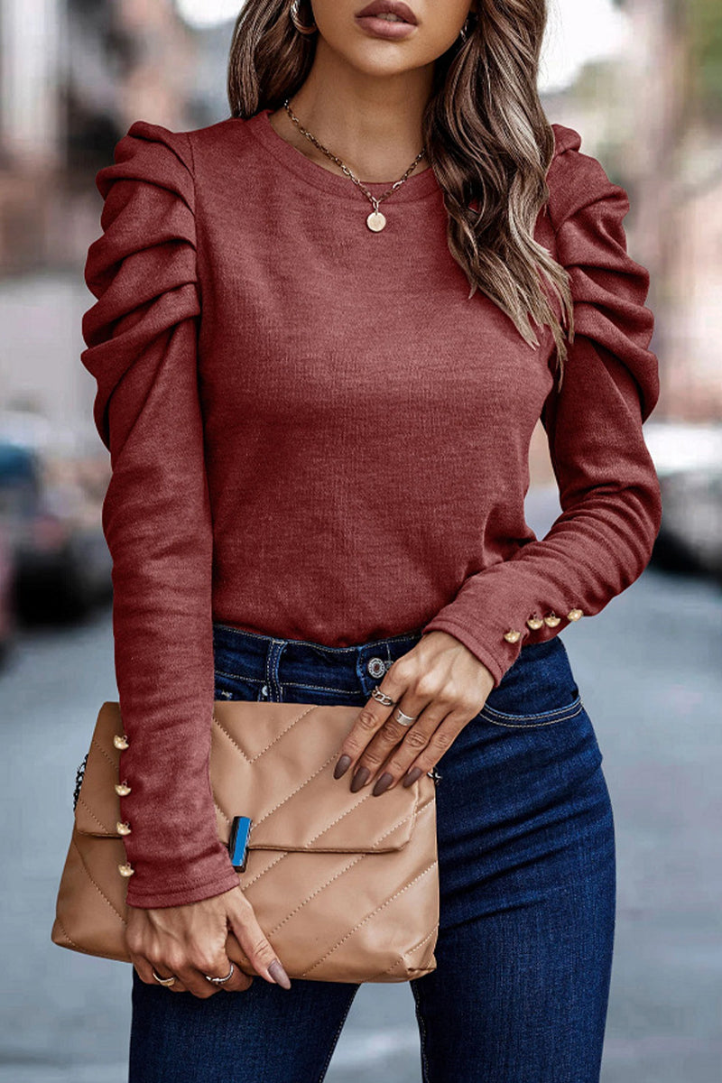 Alba | Casual solid color O-neck pleated tops