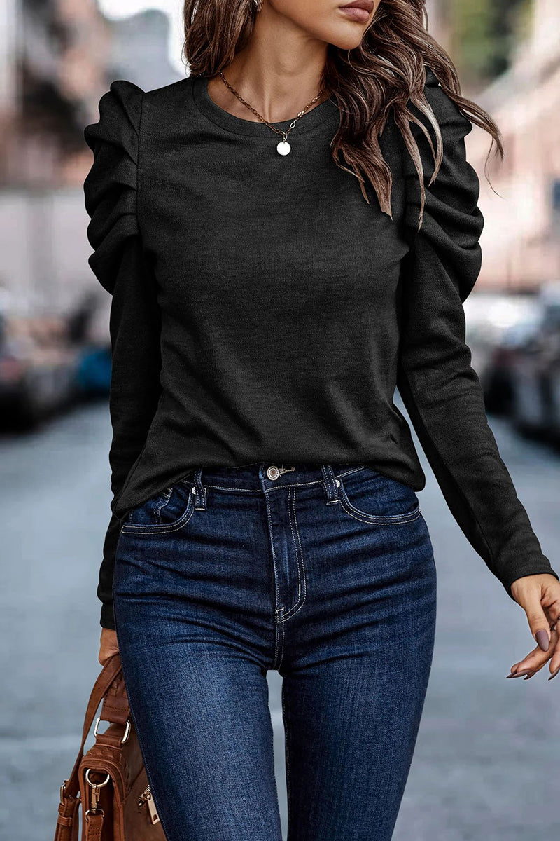 Alba | Casual solid color O-neck pleated tops
