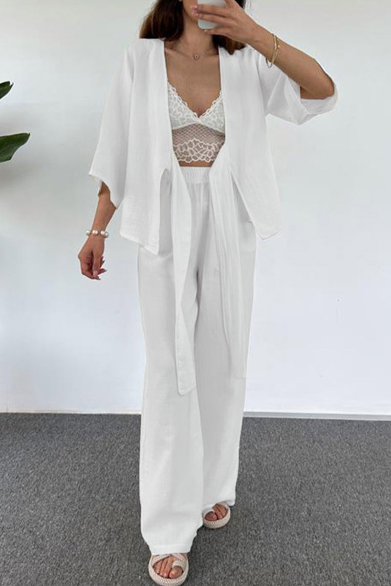 Yessica | Casual simplicity, solid pocket, V-neck, three-quarter length two-piece suit