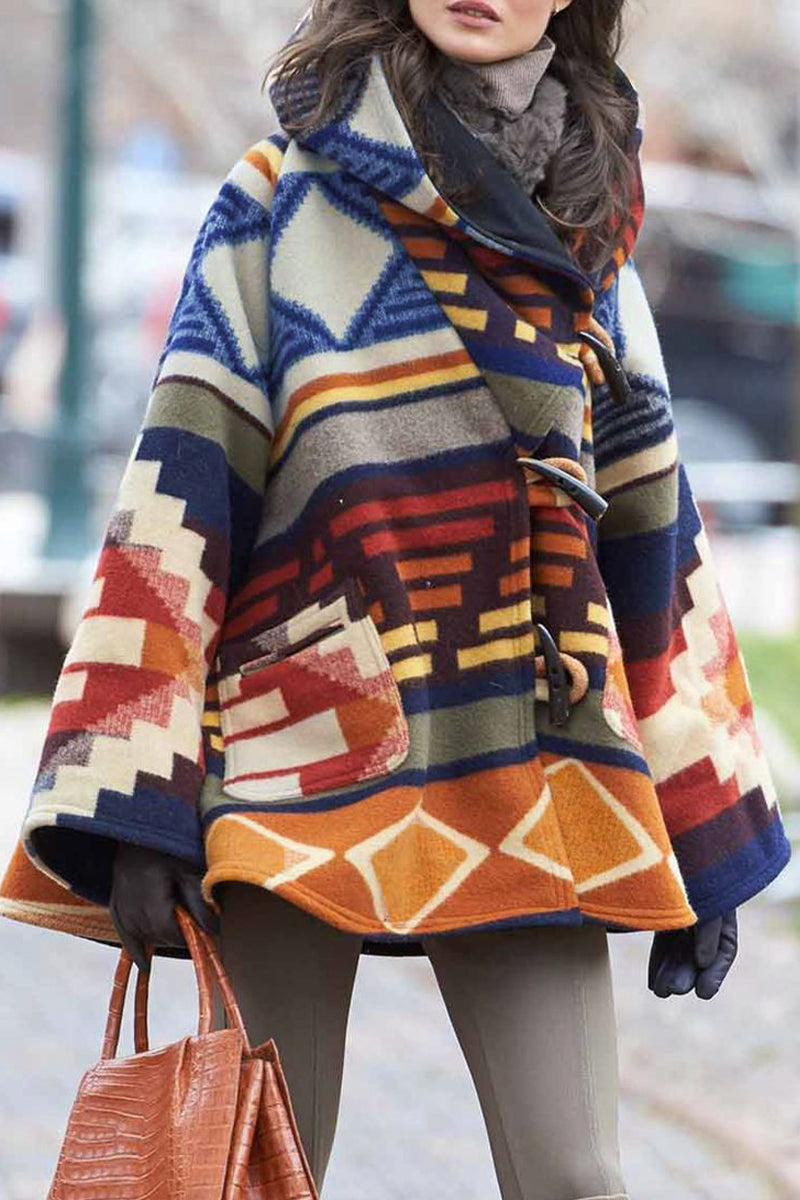 Lucía | Elegant outerwear with a geometric print and a patchwork hooded collar