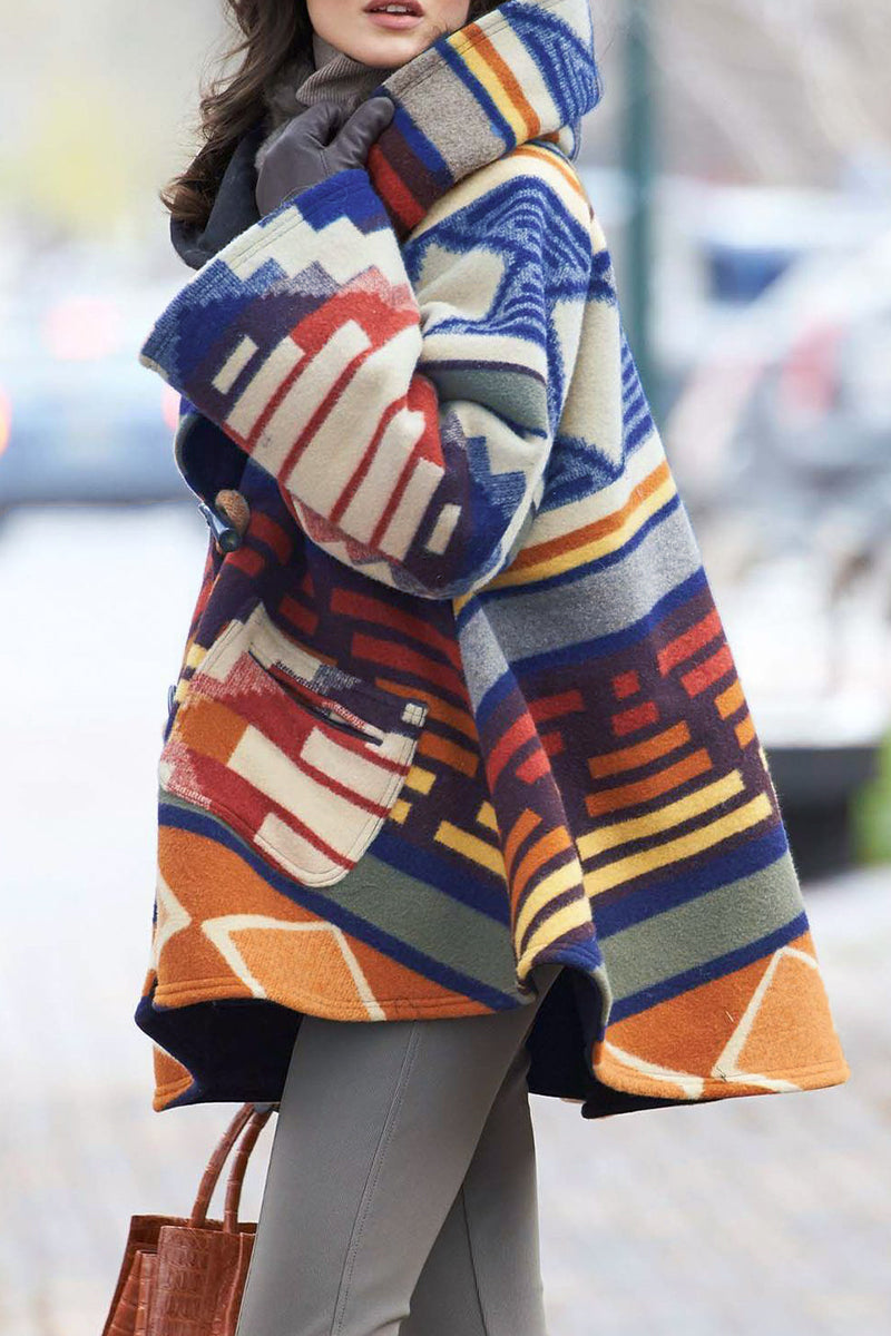 Lucía | Elegant outerwear with a geometric print and a patchwork hooded collar