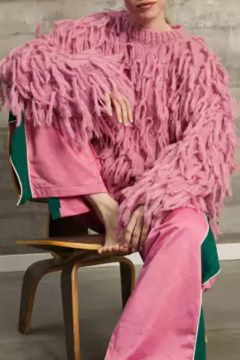Claudia | Elegant British style plain O-neck tassel sweaters