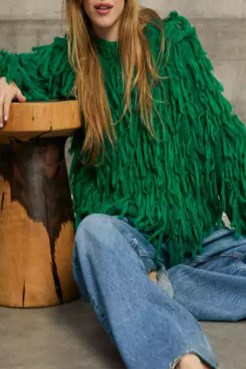 Claudia | Elegant British style plain O-neck tassel sweaters