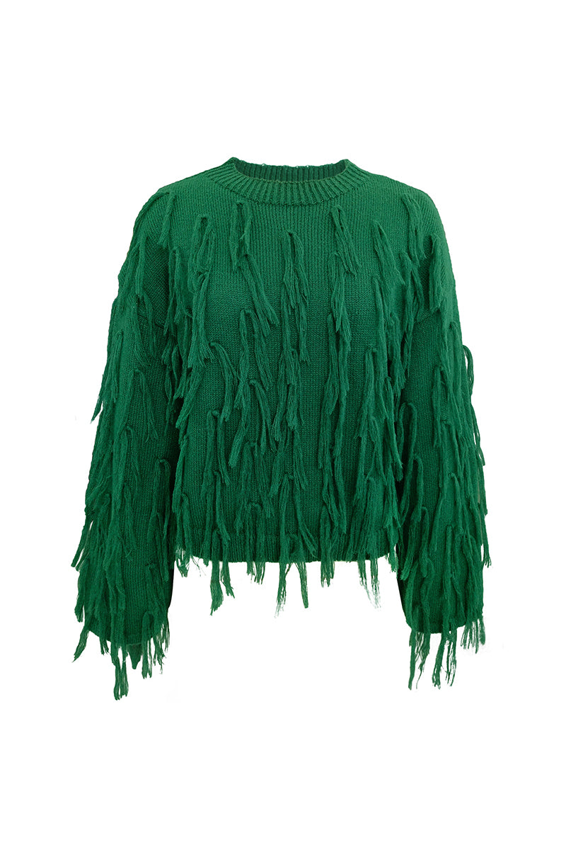 Claudia | Elegant British style plain O-neck tassel sweaters