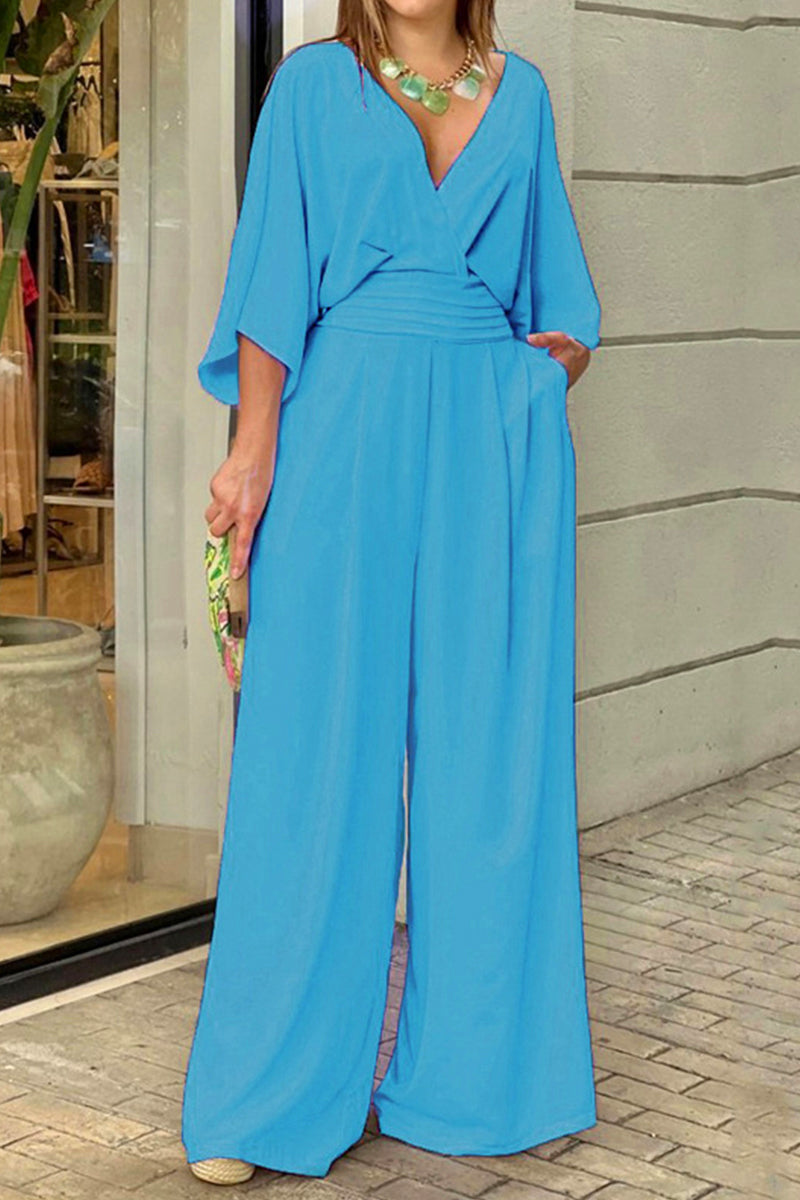 Cielo | Elegant solid color loose V-neck jumpsuits