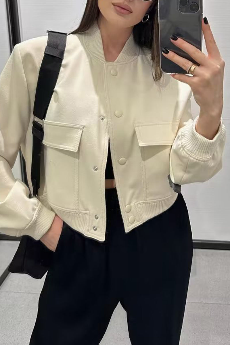 Ingrid | Casual outerwear with plain pocket buttons and stand-up collar
