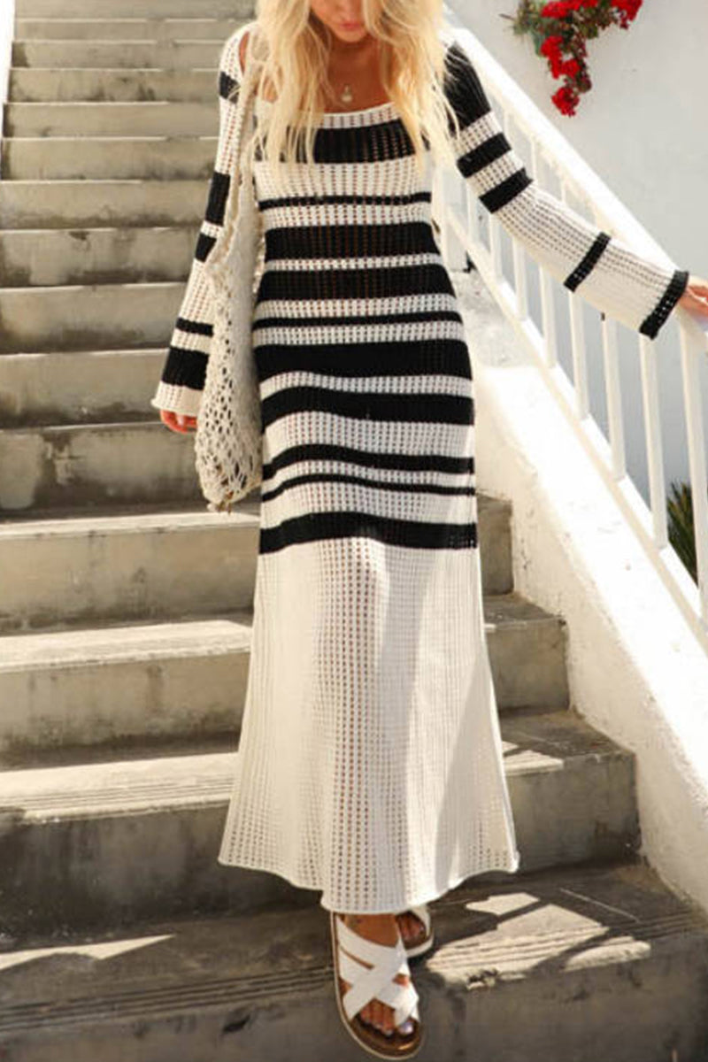 Ludmila | Casual long sleeve holiday dresses with striped contrast square collar