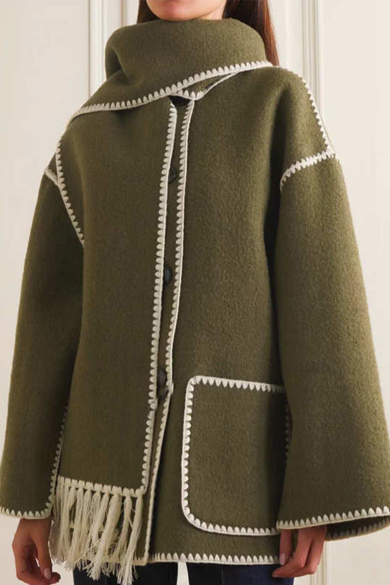 Maricarmen | Casual British style outerwear with solid color tassels and contrast shawl collar