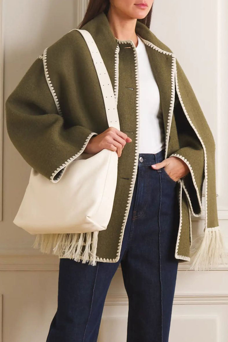 Maricarmen | Casual British style outerwear with solid color tassels and contrast shawl collar