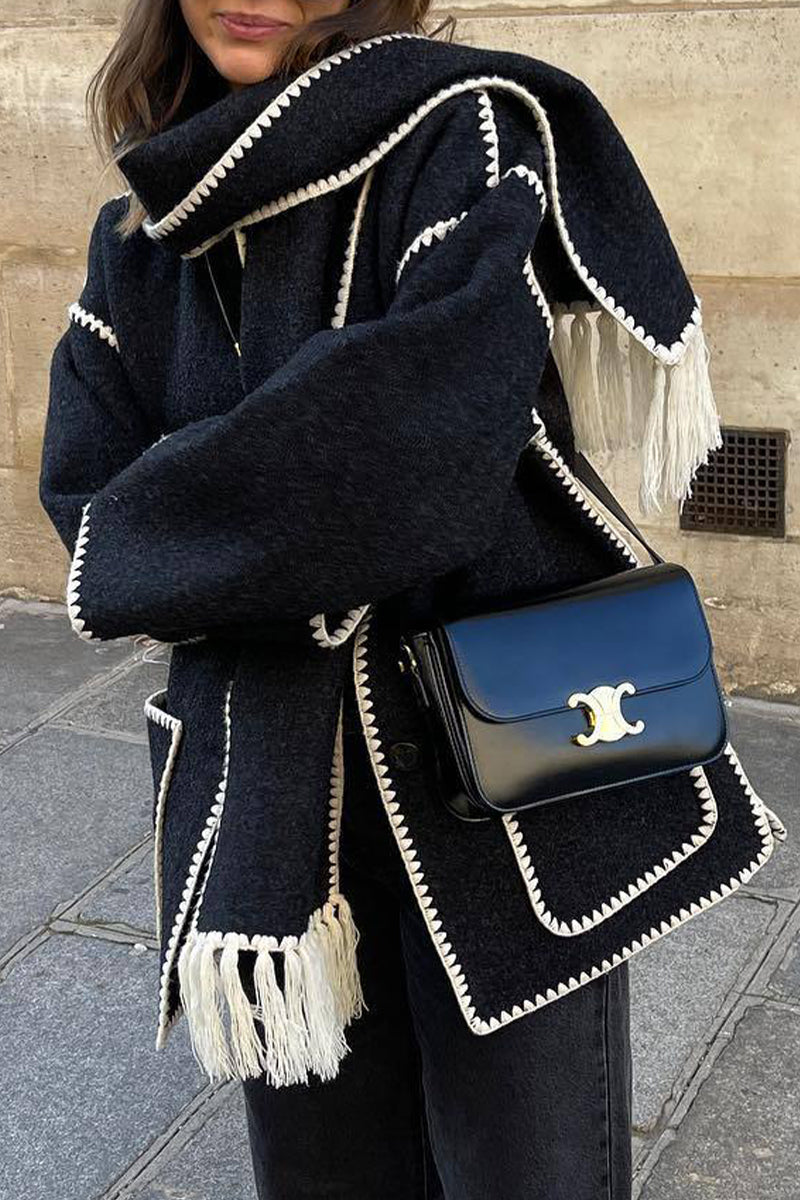 Maricarmen | Casual British style outerwear with solid color tassels and contrast shawl collar