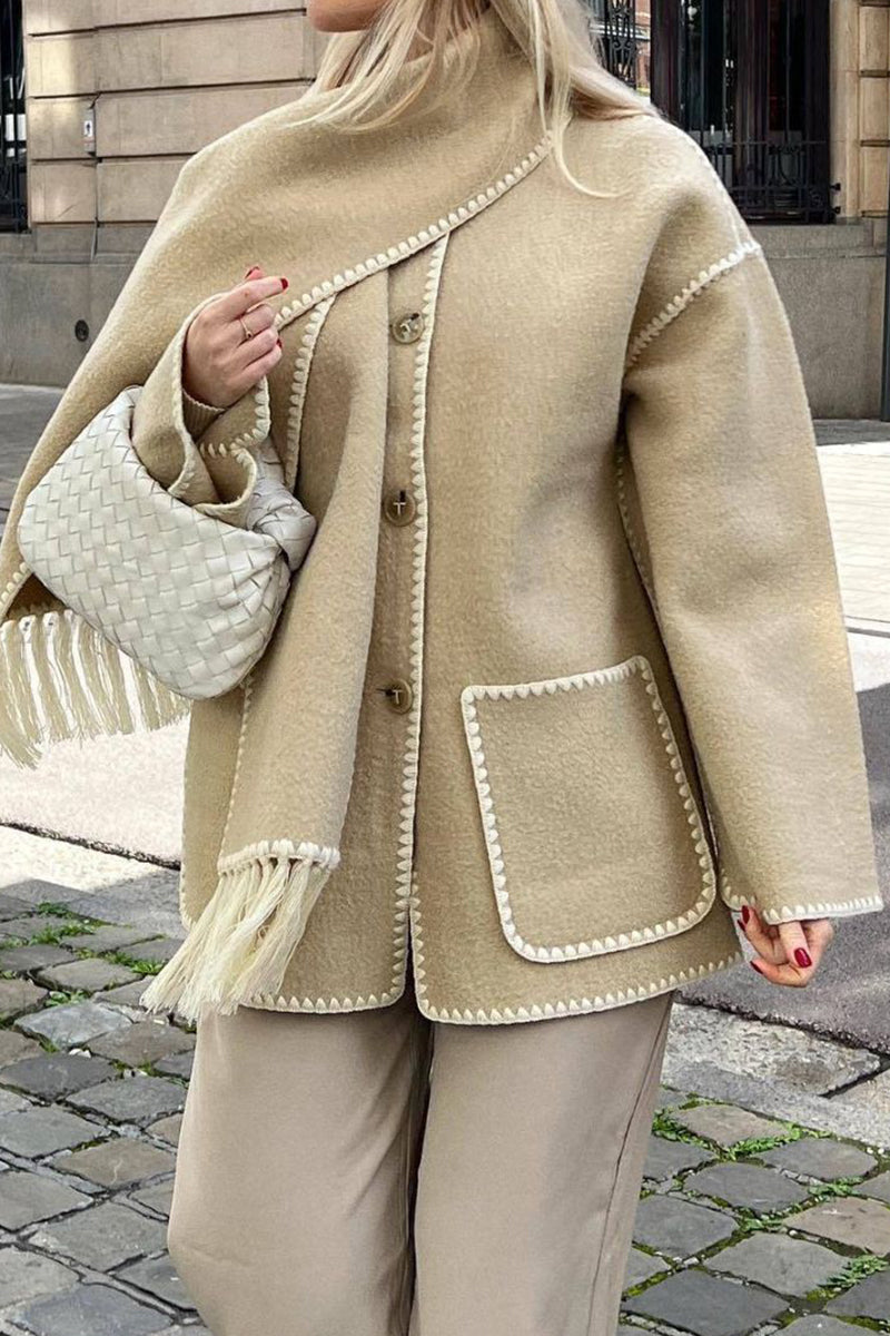 Maricarmen | Casual British style outerwear with solid color tassels and contrast shawl collar