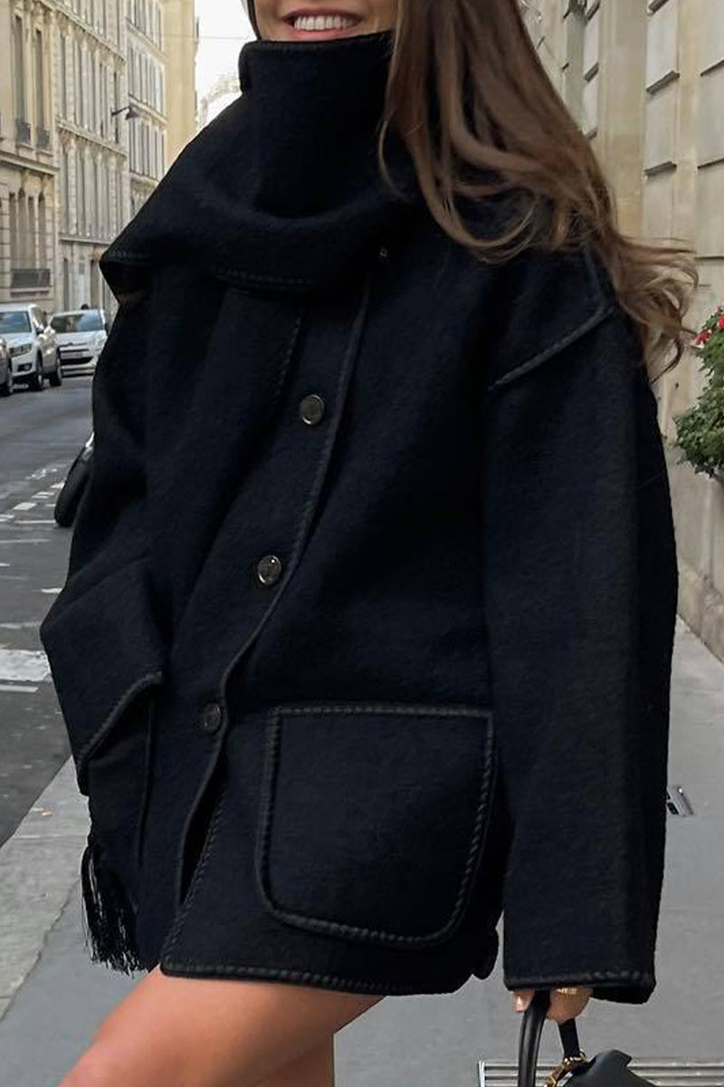 Maricarmen | Casual British style outerwear with solid color tassels and contrast shawl collar