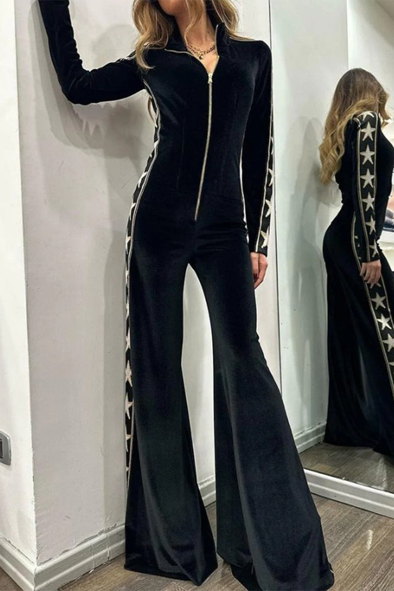 Marina | Casual Solid Patchwork Zipper Half Turtleneck Jumpsuits