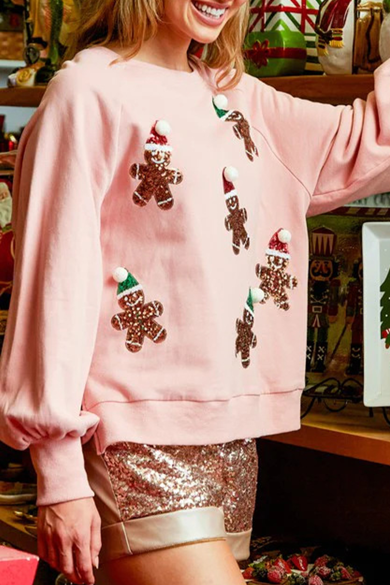 Alejandra | Casual Cute Santa Claus Sequin Patch O-Neck Tops
