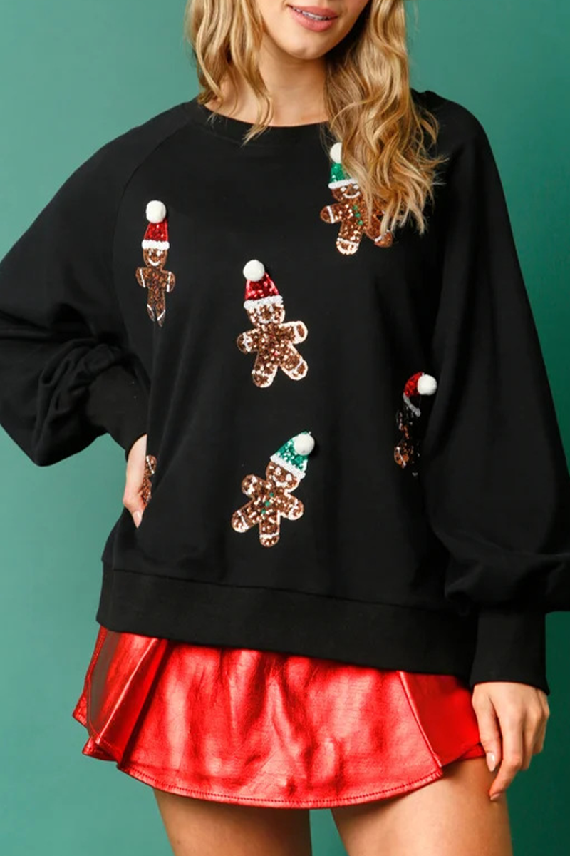 Alejandra | Casual Cute Santa Claus Sequin Patch O-Neck Tops