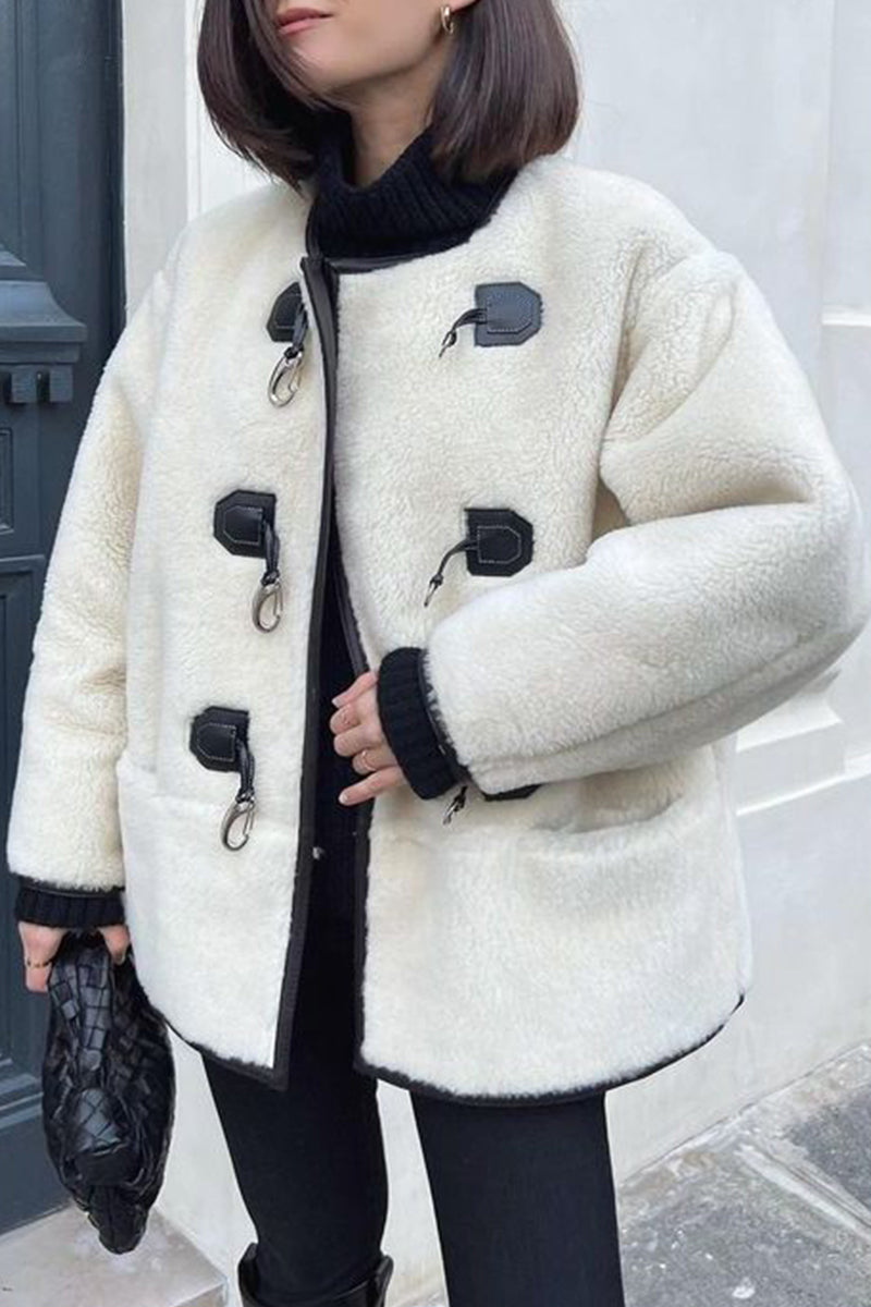 Amira | Elegant solid color British style outerwear with buttons and scoop neckline