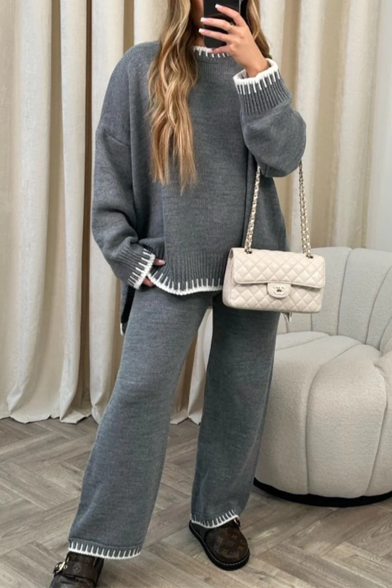 Bianca | Casual solid patchwork O-neck long sleeve two piece suit