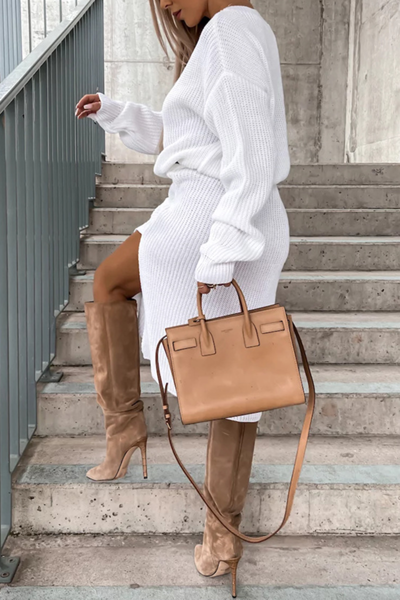 Camille | Elegant simple plain long sleeve dresses with slit and O-neck