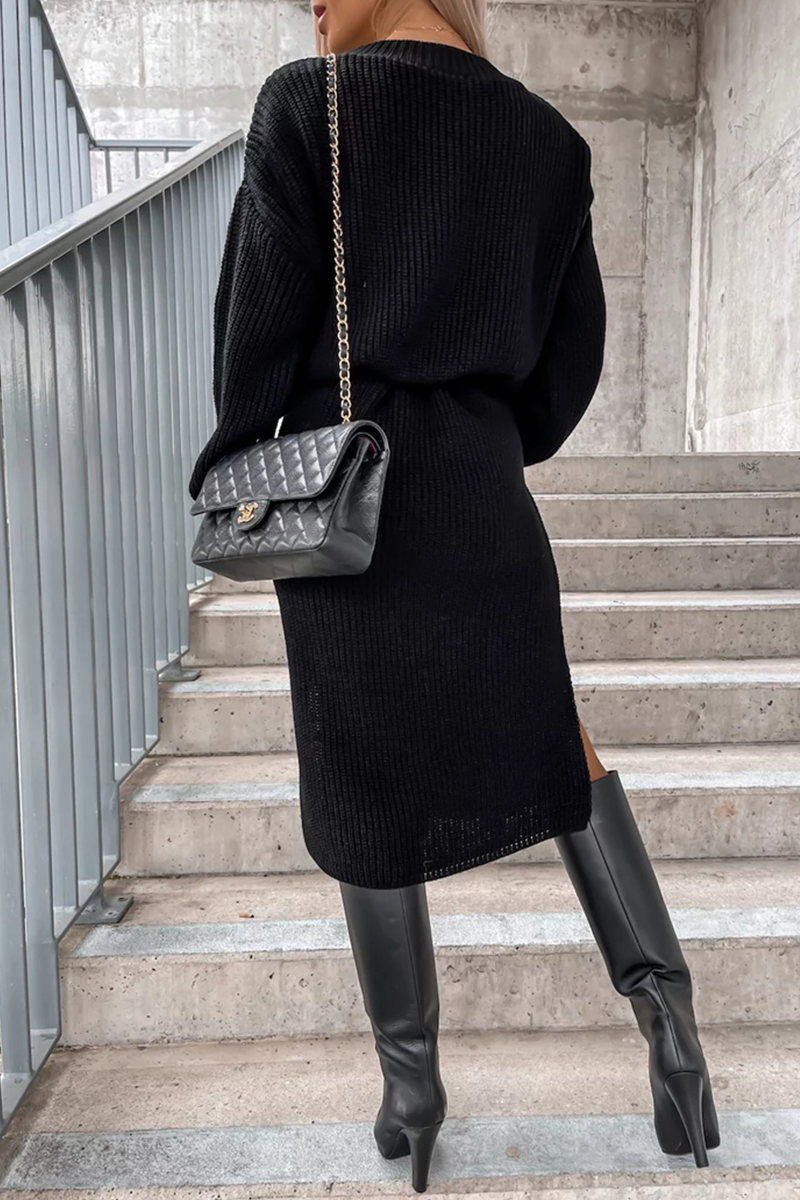 Camille | Elegant simple plain long sleeve dresses with slit and O-neck