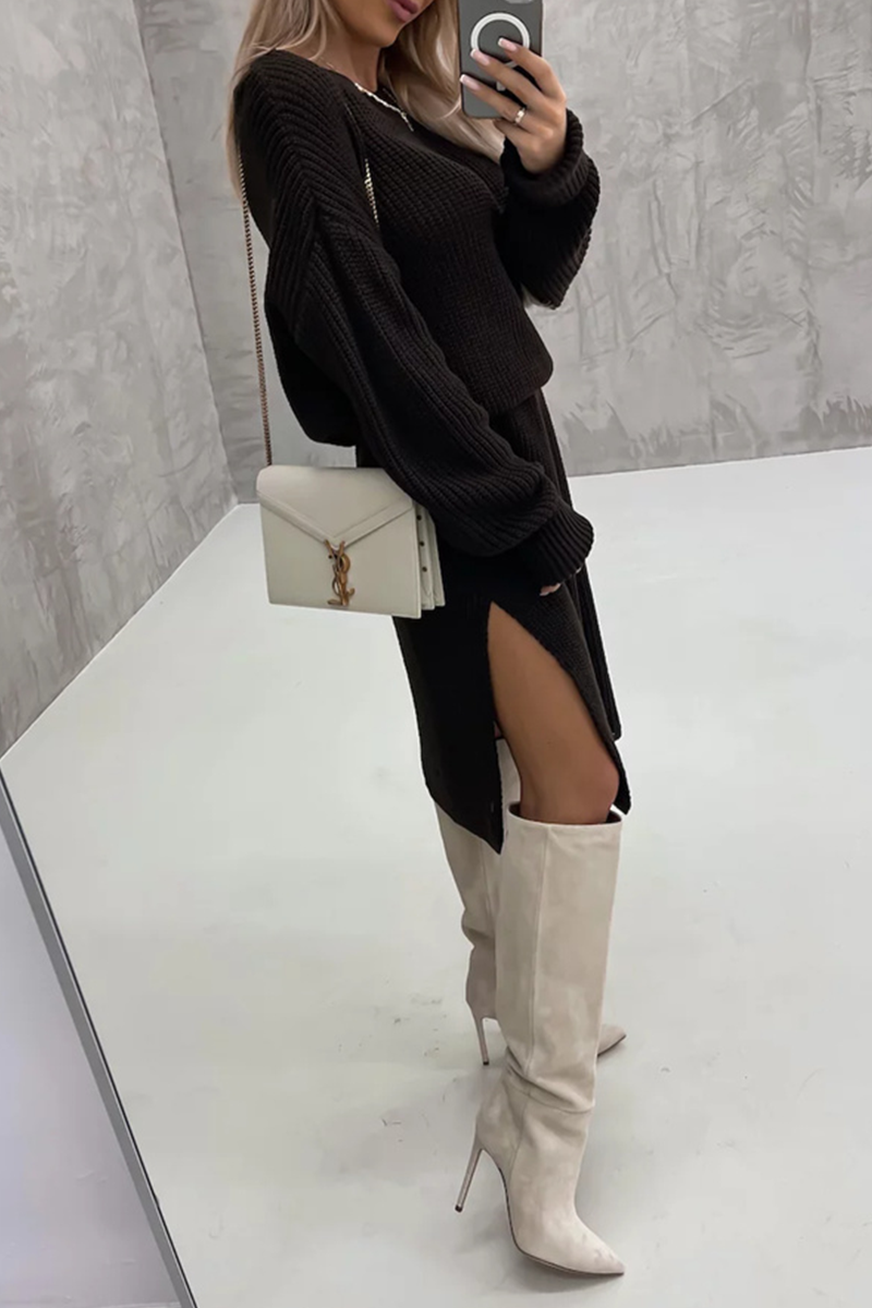 Camille | Elegant simple plain long sleeve dresses with slit and O-neck